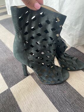 Jimmy Choo Dark Green Laser-Cut Suede High Heel Booties